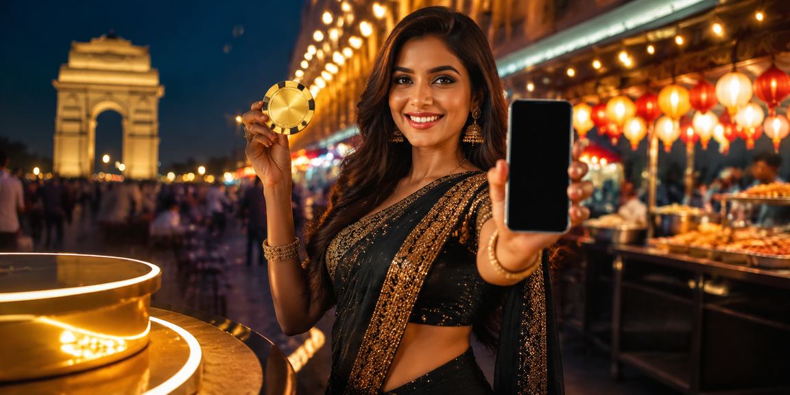 Woman celebrating casino winnings at night near India Gate, Delhi