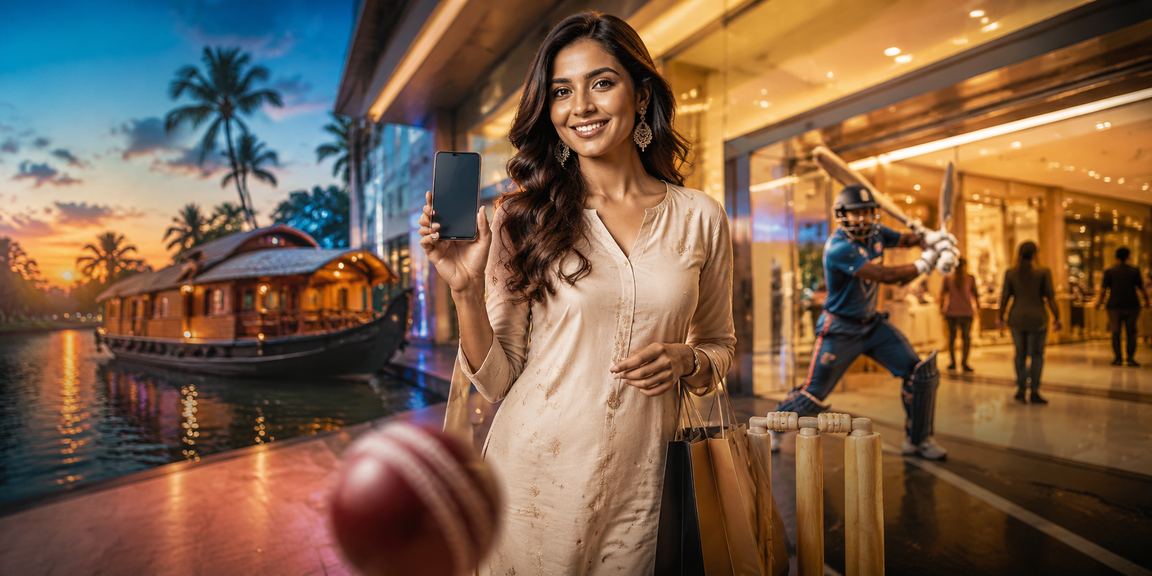 Woman in traditional kurti placing cricket bets via mobile in Kerala