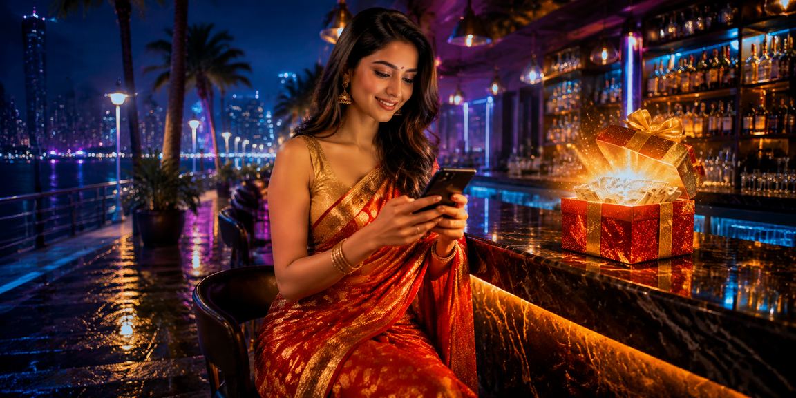 Young woman enjoying slots game with festive Mumbai city background